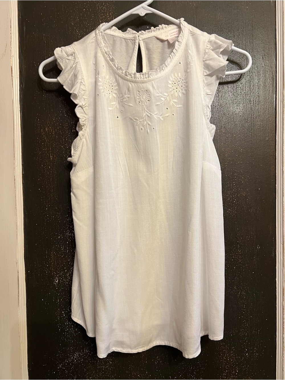 LC Lauren Conrad White Eyelet Ruffle Sleeve Tank